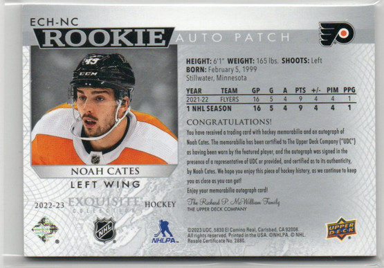  2022-23 Exquisite Collection Rookie Patch Autographs Horizontal #ECHNC Noah Cates /25