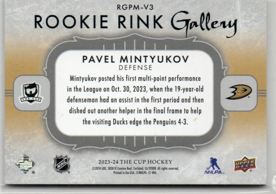  2023-24 The Cup Rookie Rink Gallery #RGPMV3 Pavel Mintyukov /99