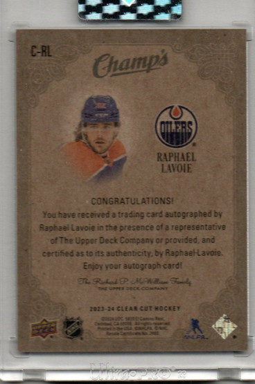  2023-24 Upper Deck Clear Cut Champs Autographs Blue #CRL Raphael Lavoie /50