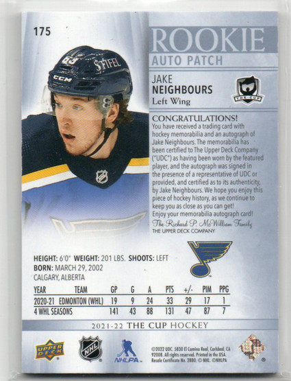  2021-22 The Cup #175 Jake Neighbours JSY AU/249 RC