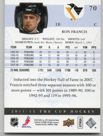  2011-12 The Cup Gold #70 Ron Francis /25