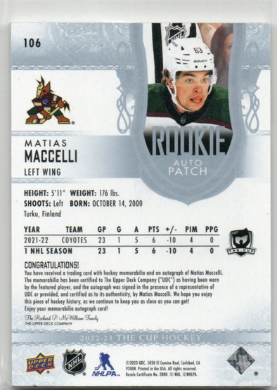  2022-23 The Cup #106 Matias Maccelli JSY AU/249 RC