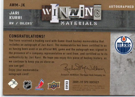  2009-10 SPx Winning Materials Autographs #AWMJK Jari Kurri /50