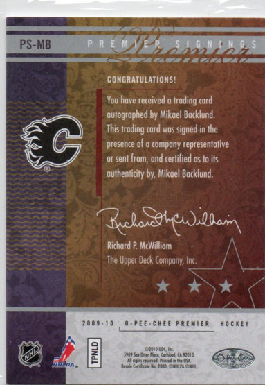  2009-10 OPC Premier Signings Gold #PSMB Mikael Backlund /15