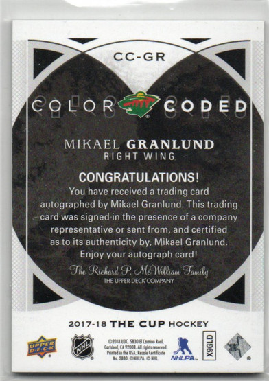  2017-18 The Cup Color Coded Autographs #CCGR Mikael Granlund/33