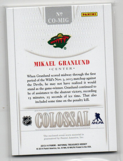  2013-14 Panini National Treasures Colossal Jerseys Prime Number #23 Mikael Granlund/25