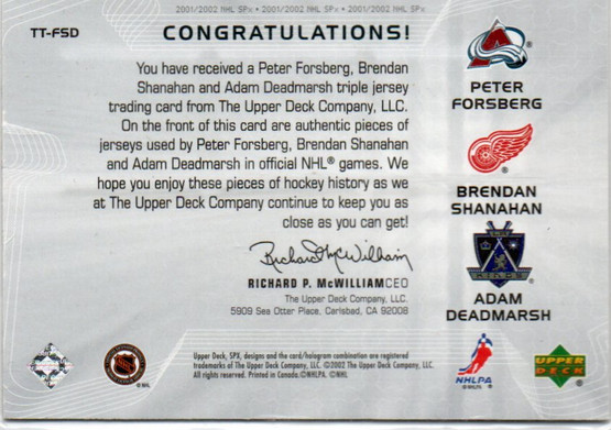  2001-02 SPx Hidden Treasures #TTFSD Peter Forsberg/Brendan Shanahan/Adam Deadmarsh