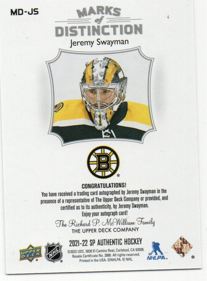  2021-22 SP Authentic Marks of Distinction #MDJS Jeremy Swayman /25 
