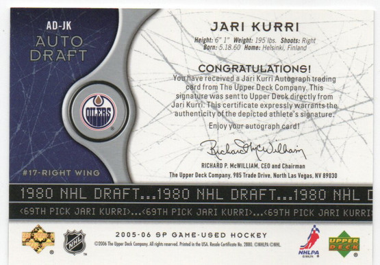  2005-06 SP Game Used Auto Draft #ADJK Jari Kurri/69