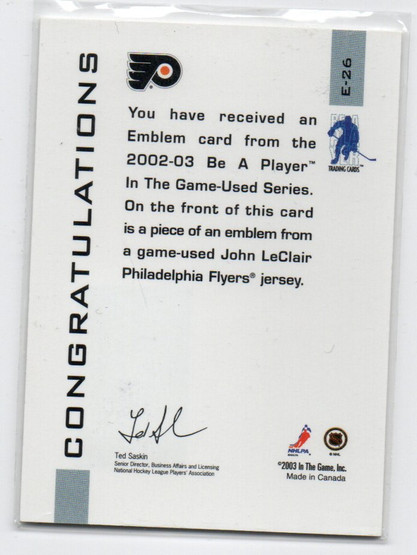  2002-03 ITG Used Emblems #E26 John LeClair VAULT 1/1