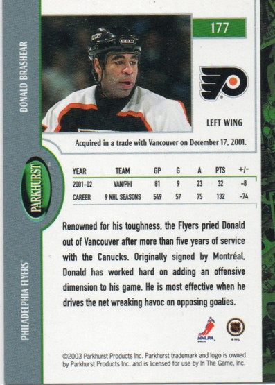  2002-03 Parkhurst Atlantic City National #177 Donald Brashear 1/1