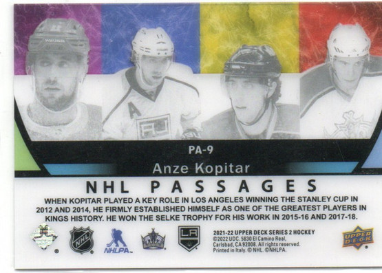  2021-22 Upper Deck NHL Passages #PA9 Anze Kopitar