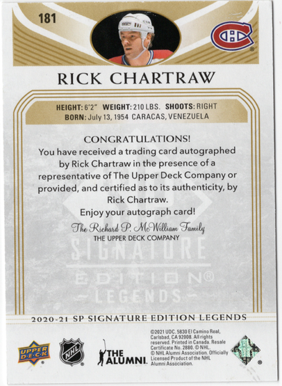 2020-21 SP Signature Edition Legends - Gold Spectrum Foil Autographs #181 Rick Chartraw AU