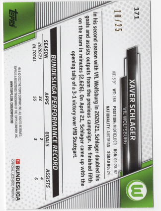 2021-22 Topps Bundesliga Orange Foilboard #171 Xaver Schlager SN25