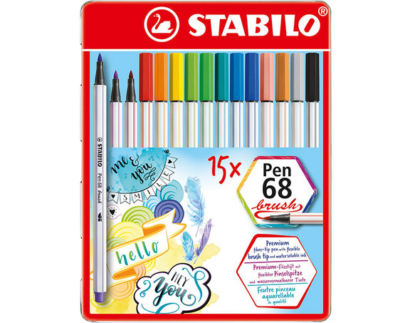 Kuitukynäsarja Stabilo Pen 68 Brush metallirasia 15 väriä