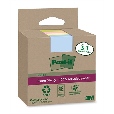 Viestilappu Post-it Super Sticky Eco 76x76mm värilaj. 4 lehtiötä / pkt