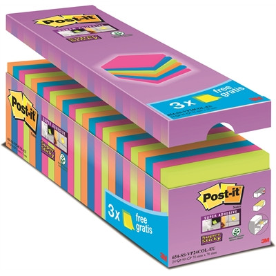 Viestilappu Post-it Super Sticky 76x76mm värilaj 24 lehtiötä / pkt