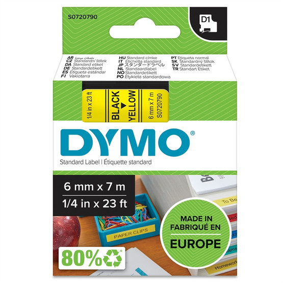 Tarrakasetti Dymo D1 6mm x 7m keltainen/musta 