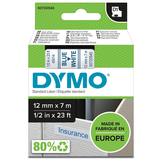 Tarrakasetti Dymo D1 45014 12mm valkoinen/sininen 