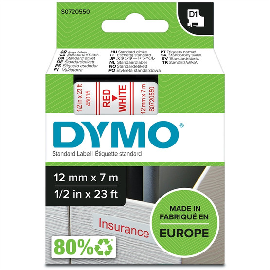 Tarrakasetti Dymo D1 45015 12mm valkoinen/punainen