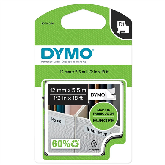 Tarrakasetti Dymo D1 kestotarra 12mm valkoinen/musta