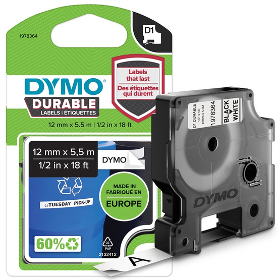 Tarrakasetti Dymo D1 kestotarra 12mm valkoinen/musta
