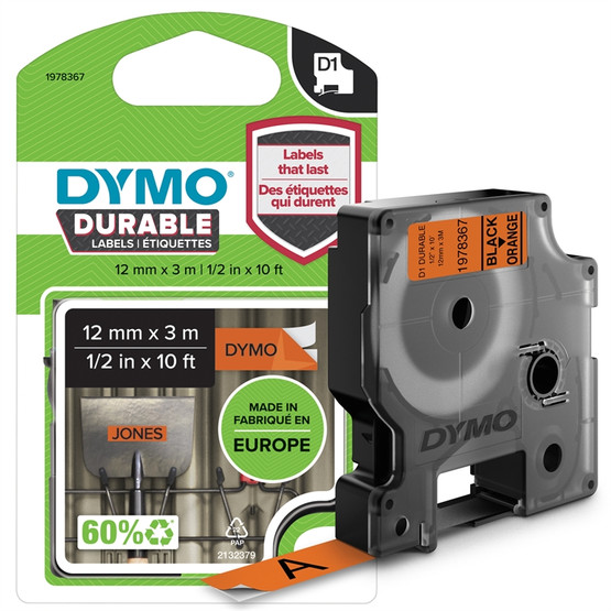 Tarrakasetti Dymo D1 kestotarra 12mm x 3m oranssi/musta