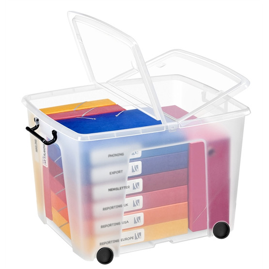 Säilytyslaatikko Strata kannella ja pyörillä 75l läpinäkyvä 