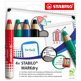 Valkotaulukynä Stabilo MARKdry lajitelma 4 väriä, + teroitin ja liina