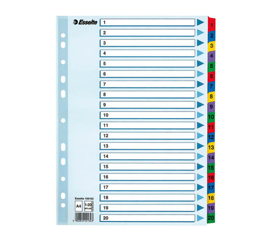 Numerohakemisto Mylar A4 1-20 värillinen  10 srj/pkt