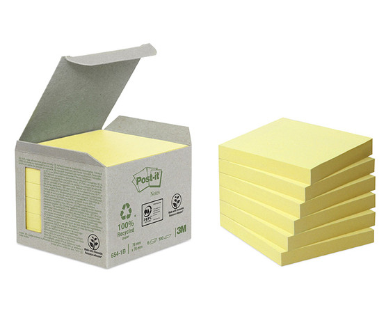 Viestilappu Post-it Recycled 654 76x76mm keltainen 6 lehtiötä / pkt
