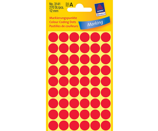 Avery Tarra pyöreä 12mm punainen, 270 tarraa