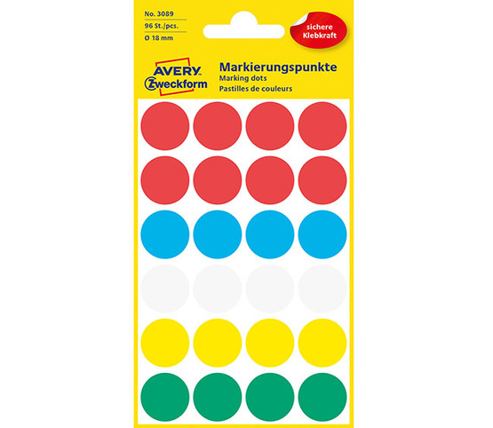 Avery 3089 18mm pyöreä tarra värilajitelma 96 tarraa
