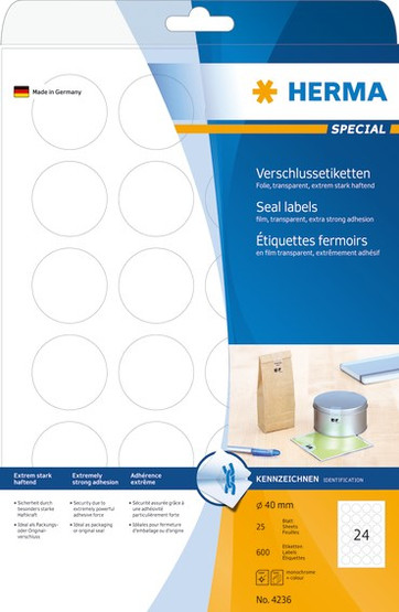 Sinettitarra HERMA 4236  Ø 40mm kirkas 24-jakoinen