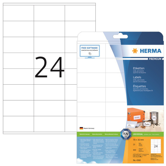 Monikäyttötarra HERMA 4360 tarra 70x36mm 24-jakoinen