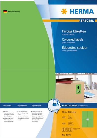 Monikäyttötarra HERMA 4399 tarra 105x148mm vihreä 4-jakoinen