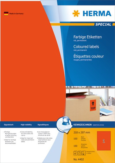 Monikäyttötarra HERMA 4402 tarra 210x297mm punainen 1-jakoinen