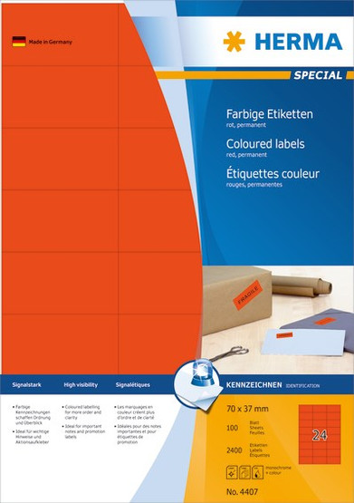 Monikäyttötarra HERMA 4407 tarra 70x37mm punainen 24-jakoinen