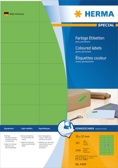Monikäyttötarra HERMA 4409 tarra 70x37mm vihreä 24-jakoinen