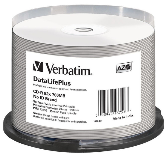 CD-R levy Verbatim 52X, DL + Wide Thermal Printable / 50 kpl