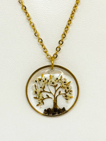 Elämänpuu korusetti kukilla – kaulakoru & korvakorut – Voimapuu-kokoelma (kullanvärinen)