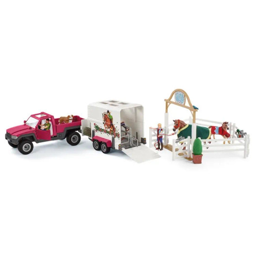 Schleich 72148 matka paddockiin. Auto ja traileri, hevosaitaus, koira