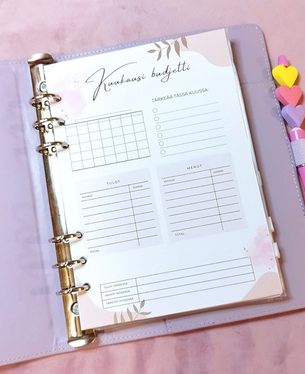 Budjetoinnin aloituspakkaus, vaaleanpunainen kansio. A5 koko.