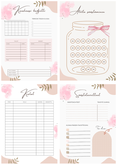 Budjetoinnin aloituspakkaus, vaaleanpunainen kansio. A5 koko.