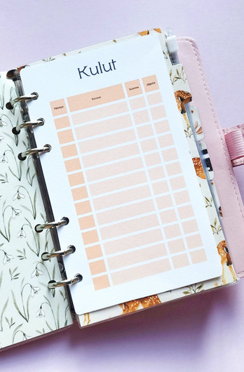 Säästötaulukko kortit budjettikansioon, oranssi teema