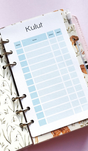 Säästötaulukko kortit budjettikansioon, sininen teema