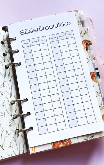 Säästötaulukko kortit budjettikansioon, mustavalkoinen teema