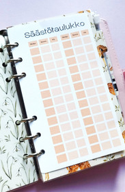 Säästötaulukko kortit budjettikansioon, oranssi teema