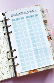 Säästötaulukko kortit budjettikansioon, sininen teema