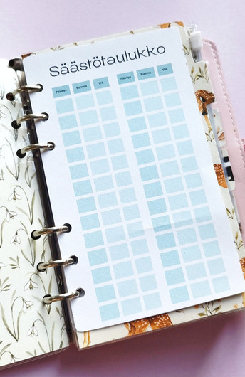 Säästötaulukko kortit budjettikansioon, sininen teema